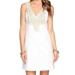Lilly Pulitzer Largo Shift Dress Sz 4 White Gold Metallic Embroidery Sleeveless